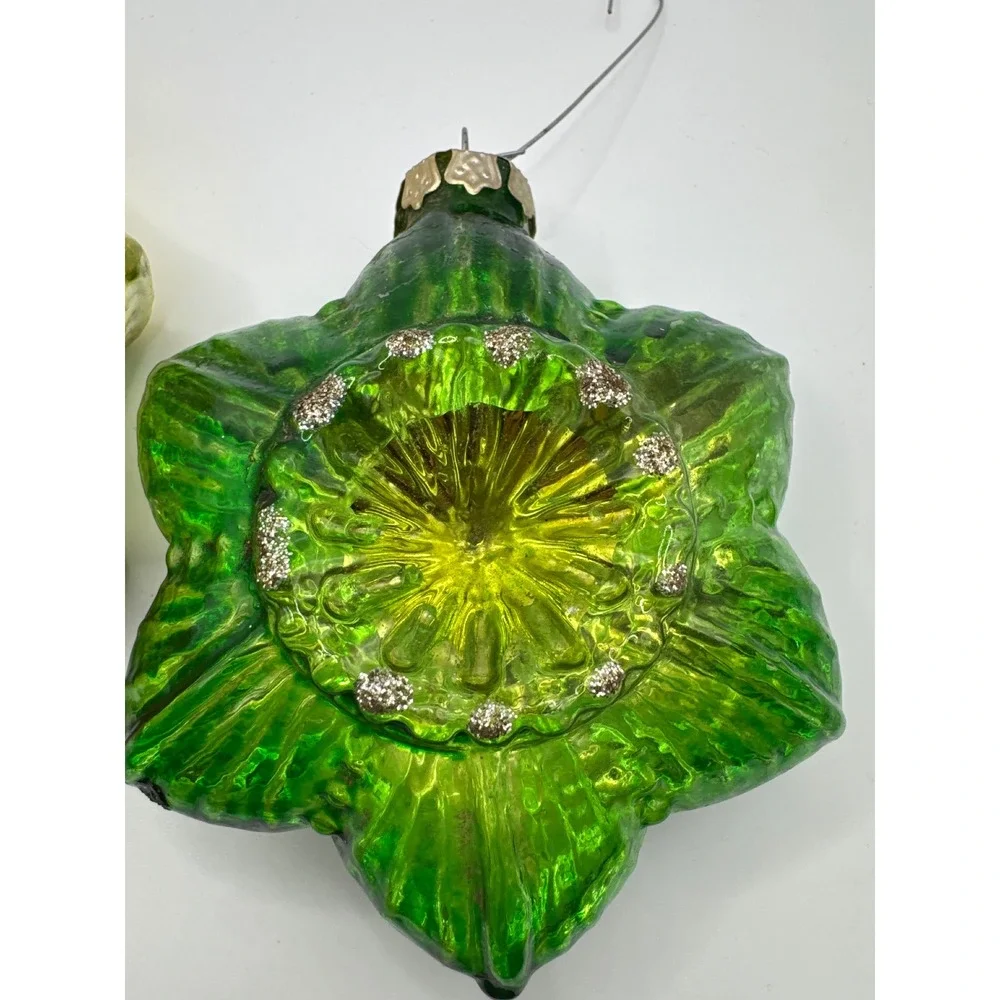 Vintage Mercury Glass Christmas Ornaments Green Gold Star Flower Set of 2